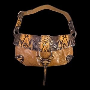 Pietro Alessandro New York Leather Snake Embossed Shoulder Bag Brown Gold Hobo